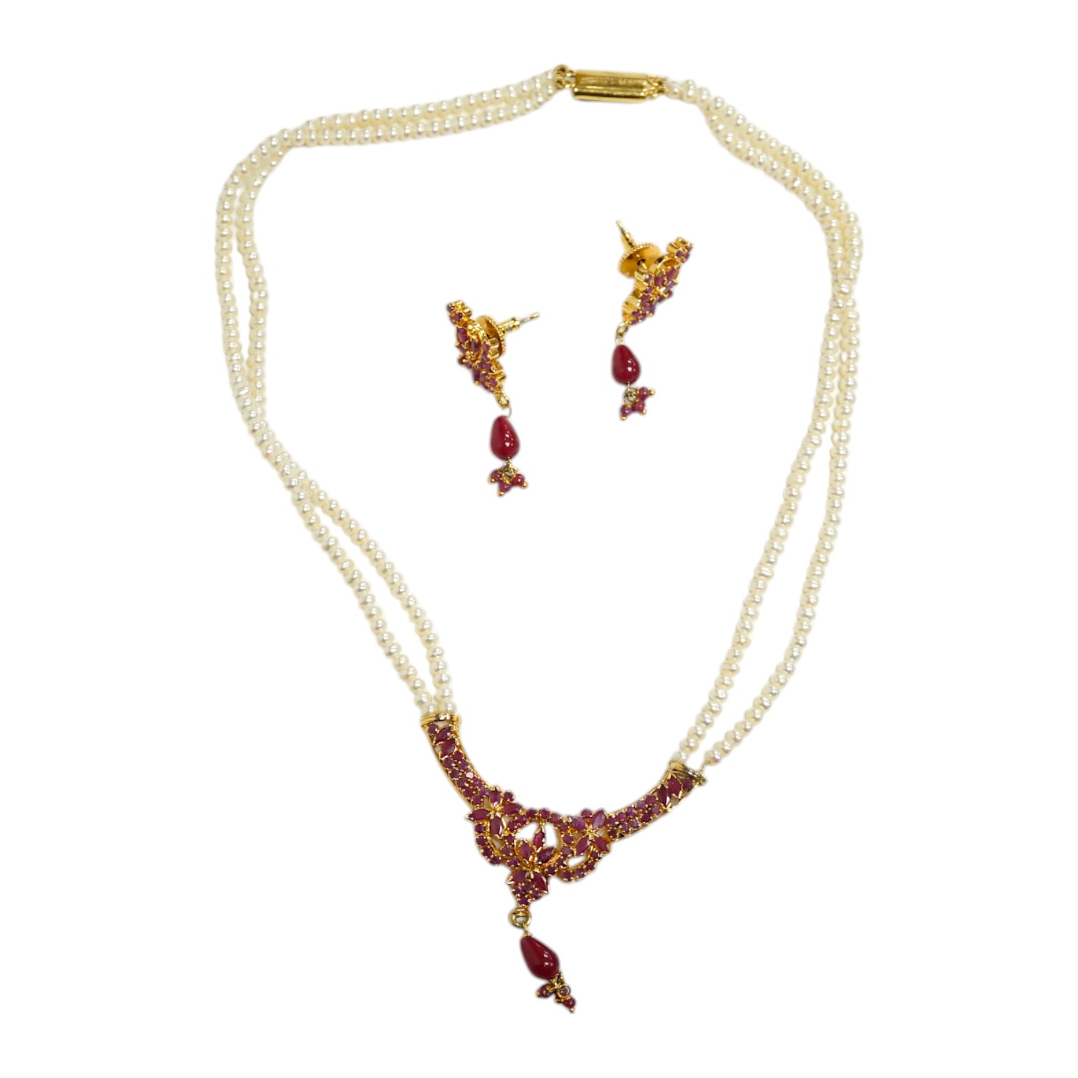 A recent Indian gilt metal and freshwater pearl and ruby cluster set twin strand necklace, 46cm and a pair of matching drop earrings. Condition - fair to good